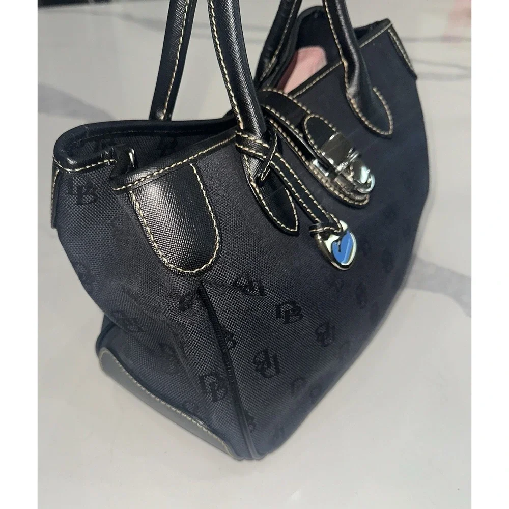 Dooney & Bourke Black SignatureCanvas Satchel Turn Lock Pink Lining Leather Trim